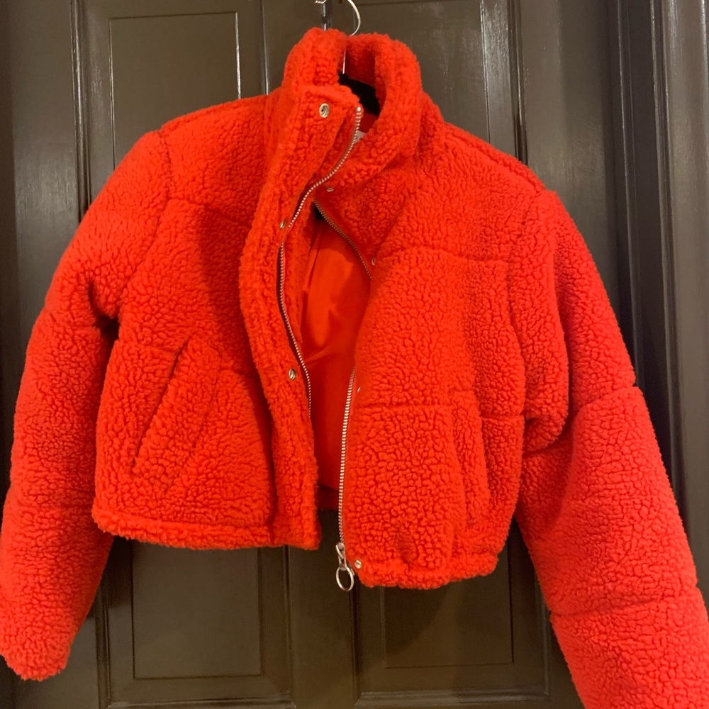 topshop teddy red crop jacket